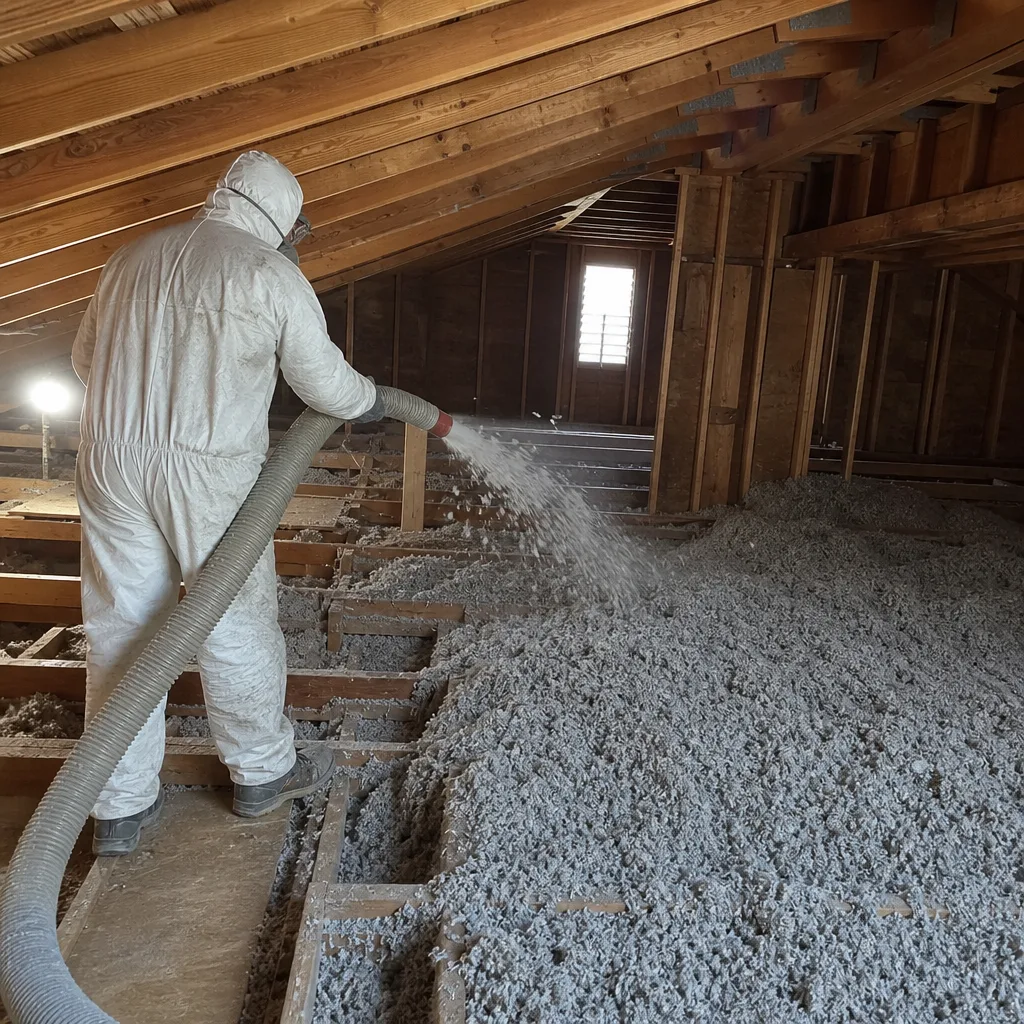 Professional contractor blowing loose-fill cellulose insulation into an attic space.