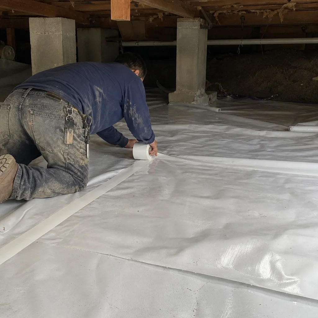 Contractor installing professional crawl space vapor barrier for moisture control