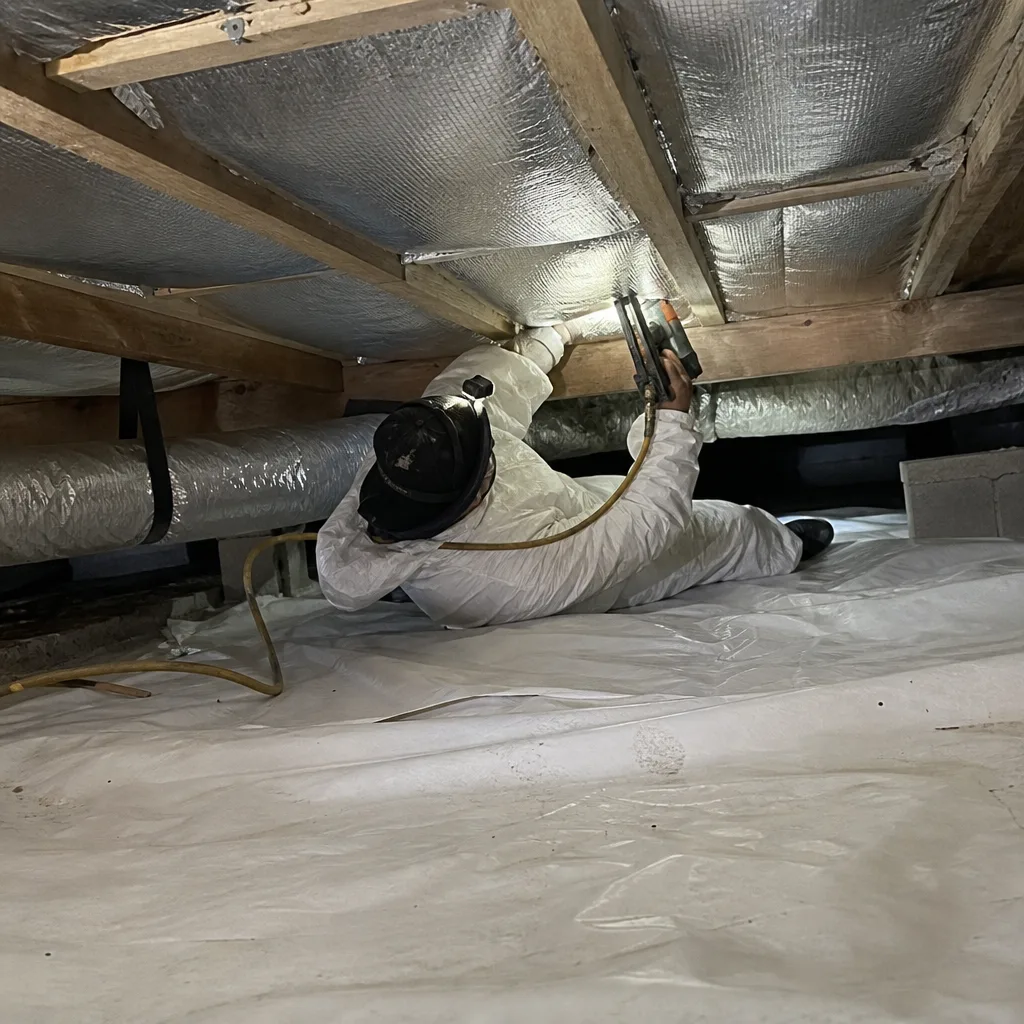 Technician installing vapor barrier and insulation in a crawl space