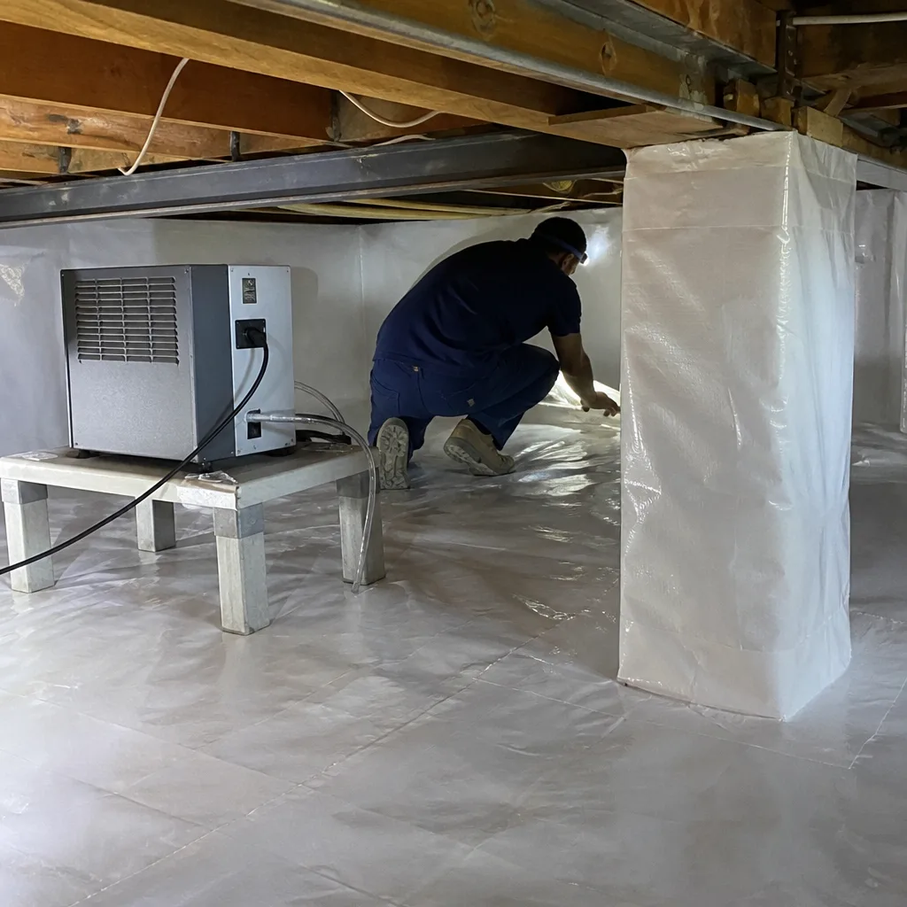 Technician performing professional crawl space encapsulation and vapor barrier installation.