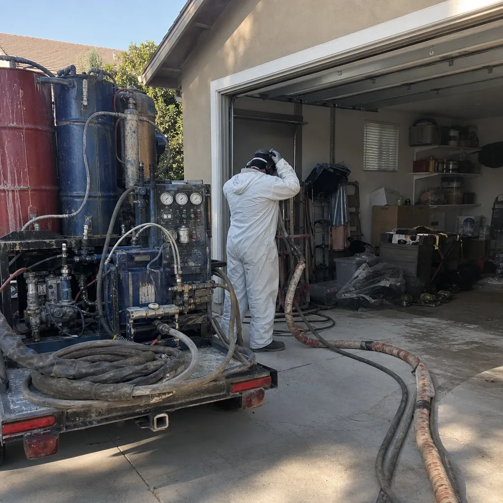 Technician using professional spray foam insulation equipment and trailer