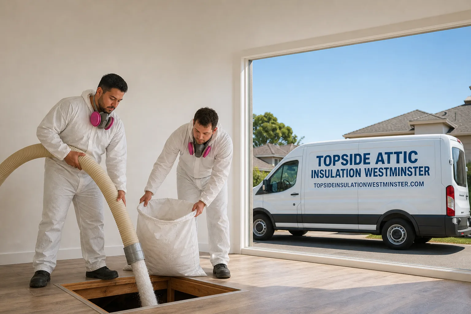 Topside Attic Insulation Westminster insulation service vehicle and crew in Westminster, CA